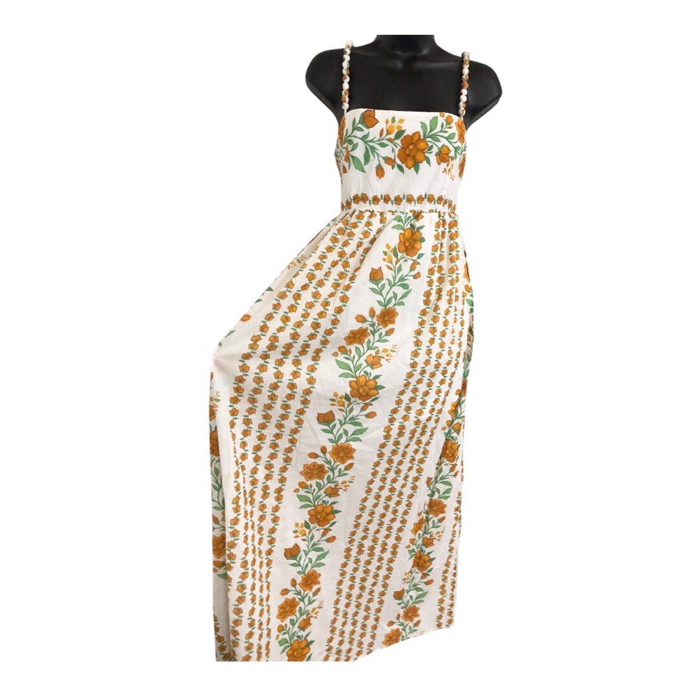 White and amber flowers multi beaded straps a-line maxi dress size M brand new